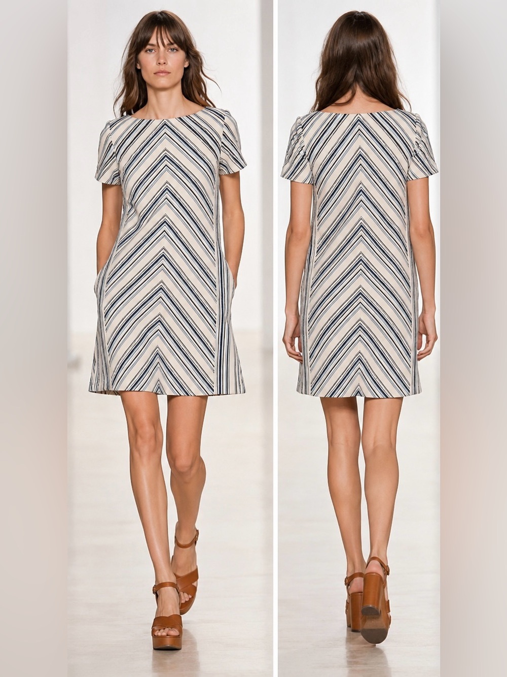 See By Chloé Surfing Blue Chevron Stripe Cotton Linen Shift Dress EU 38 US 6